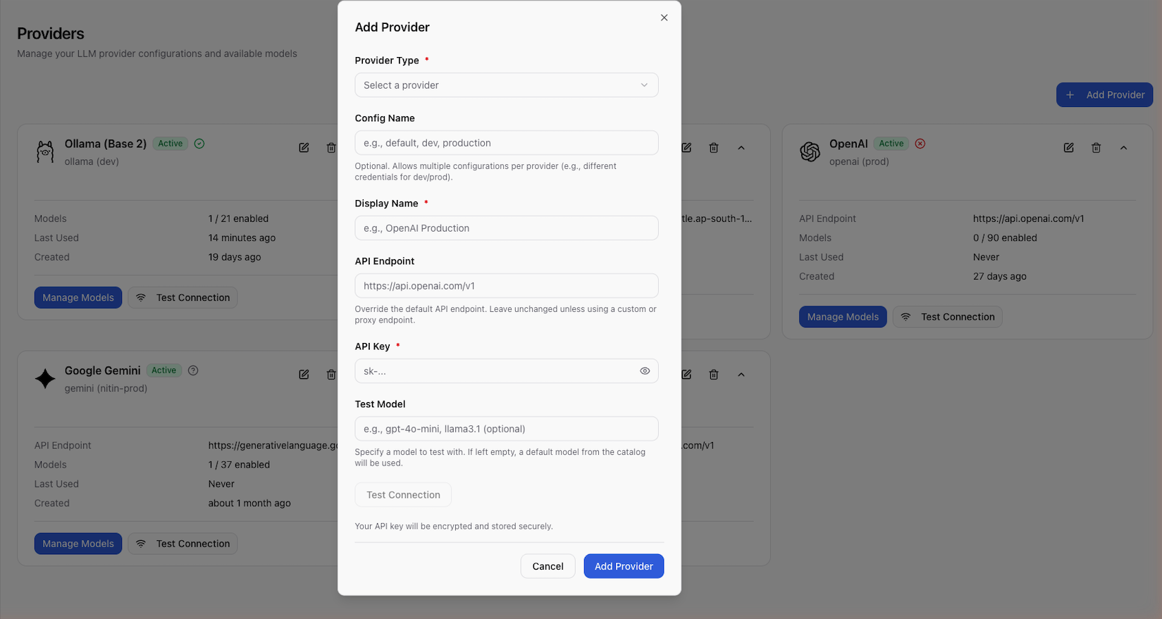 Base14 Scope add provider form with API key configuration and test connection for LLM providers