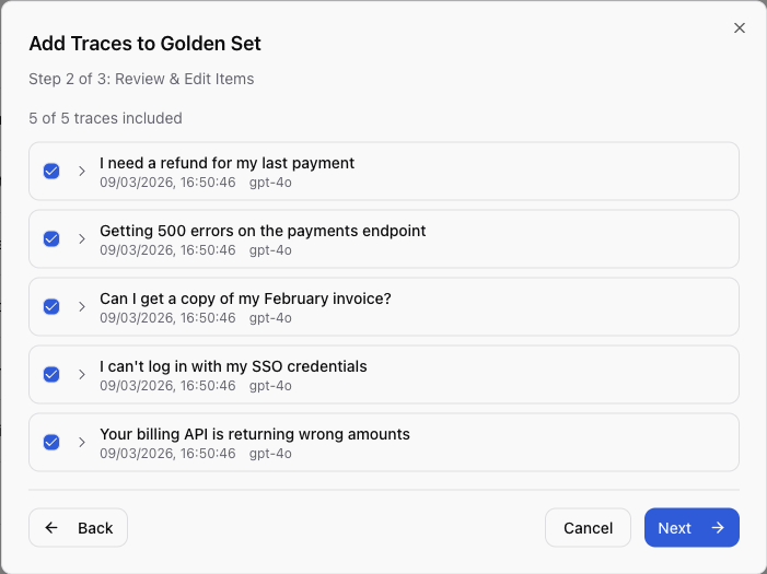 Built a regression dataset — Step 4 showing add to golden set dialog