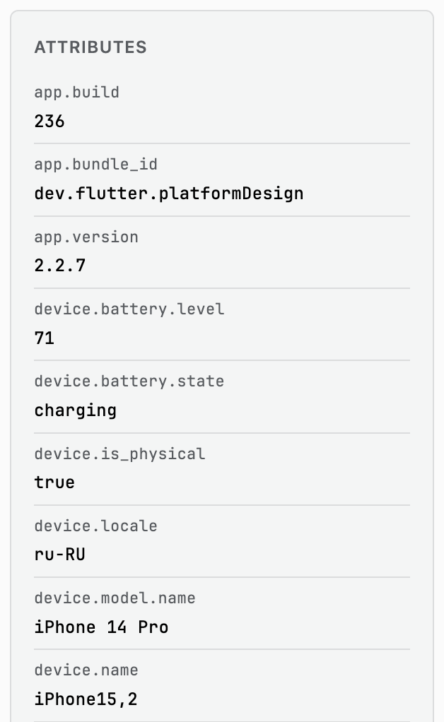 Attributes panel showing app., device., session.*, and other grouped attributes