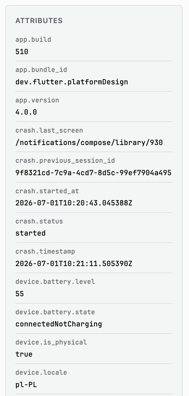 Attributes panel showing app., crash., and other grouped attributes