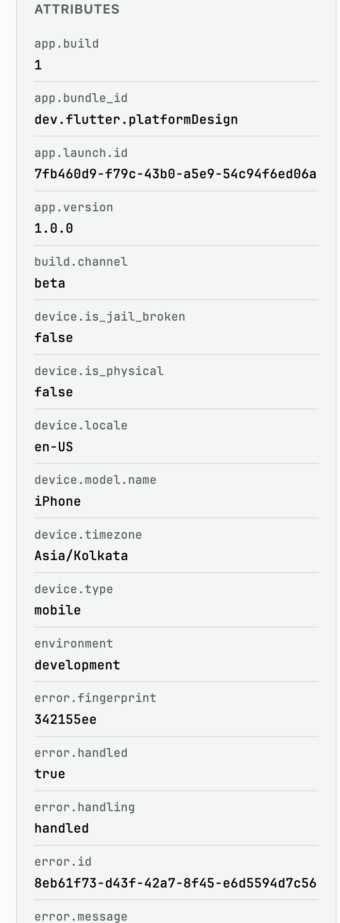 Attributes panel showing app., device., error.*, and other grouped attributes