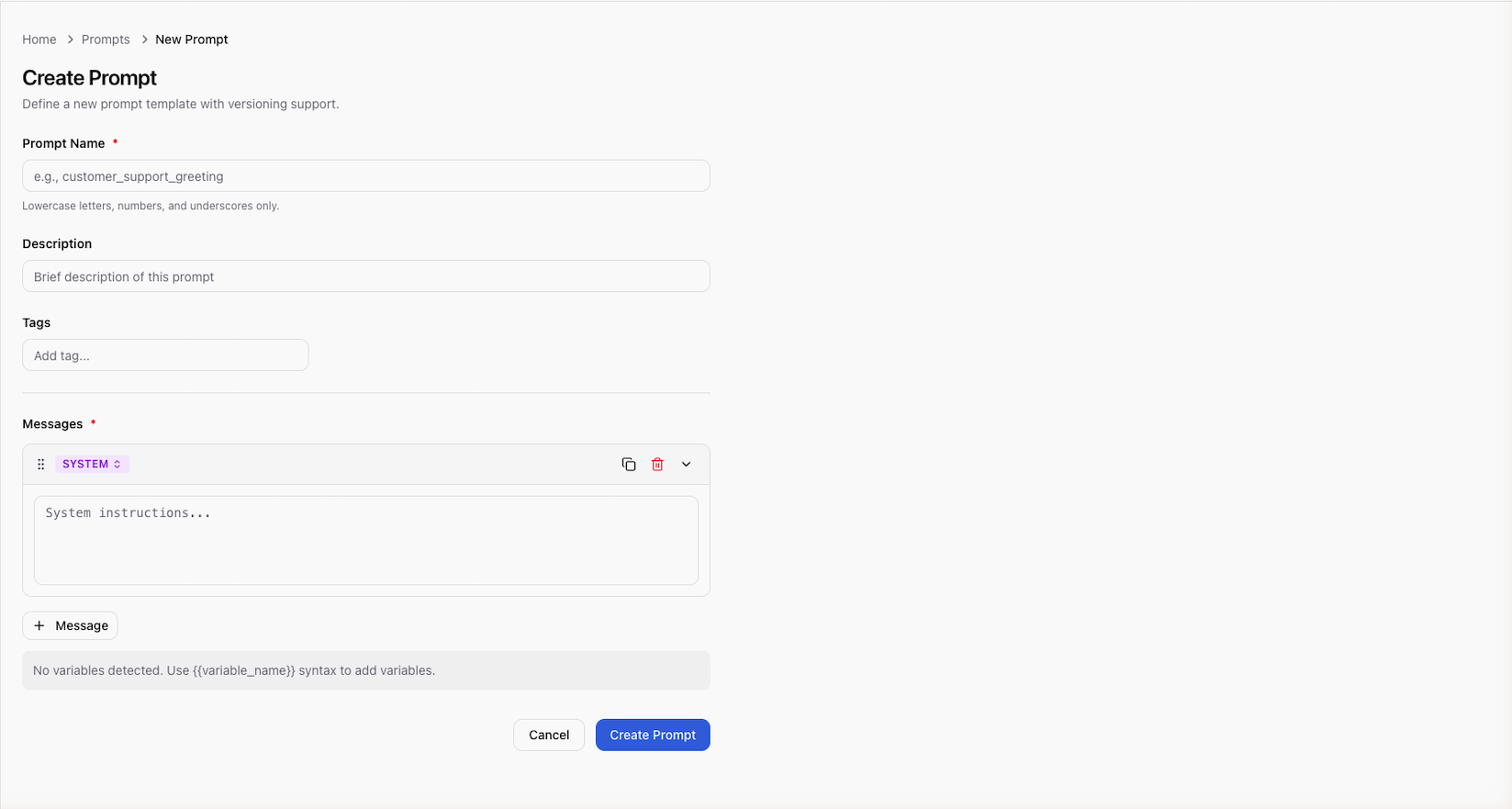 Base14 Scope create prompt editor with variable syntax highlighting and metadata fields