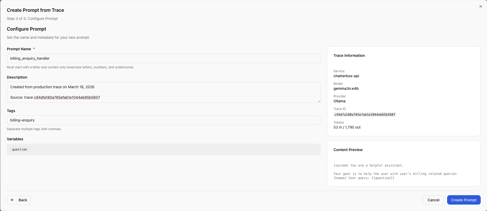 Base14 Scope wizard for creating a managed prompt from a Scout LLM execution trace