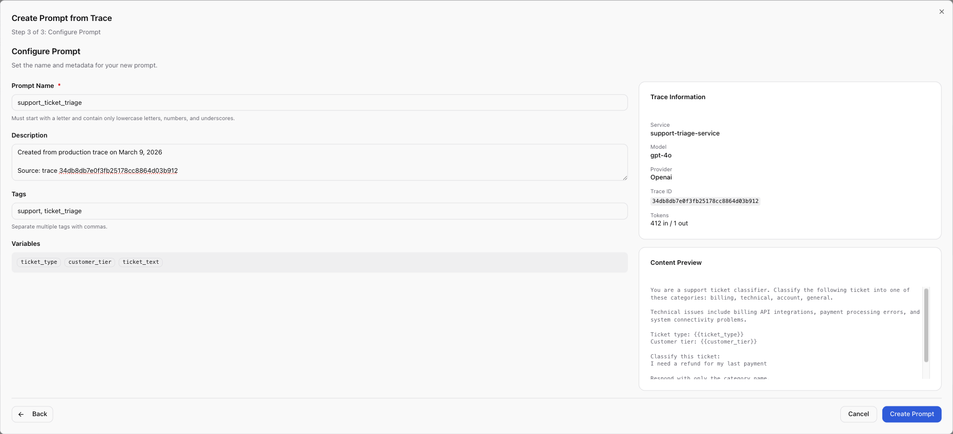 Create Prompt from Trace wizard in Scope — Step 2 showing prompt configuration with variables extracted from the production trace