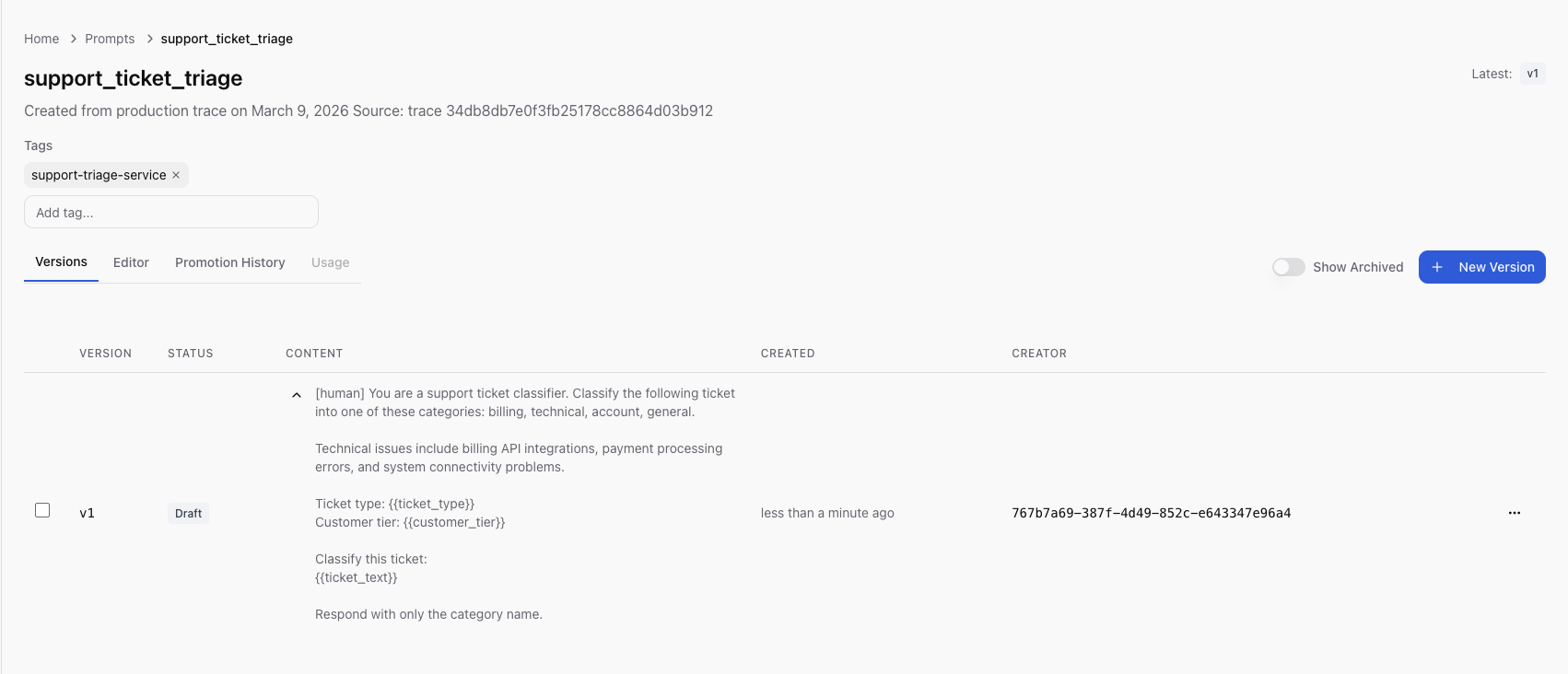 Created Prompt detail in Scope — Step 3 showing created prompt detail