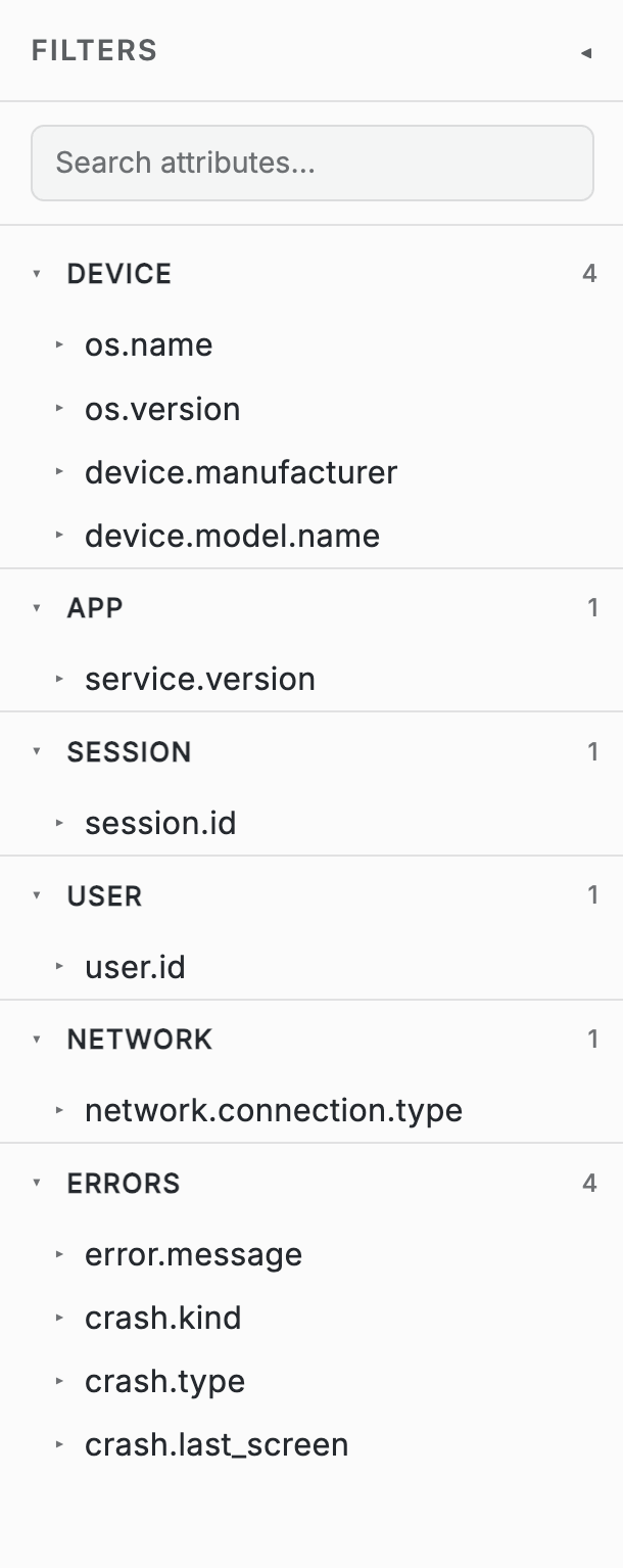 Filters sidebar with Device, App, Session, and Network categories