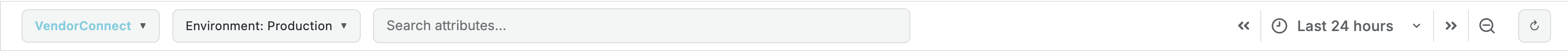 Application selector, environment selector, search bar, and time picker