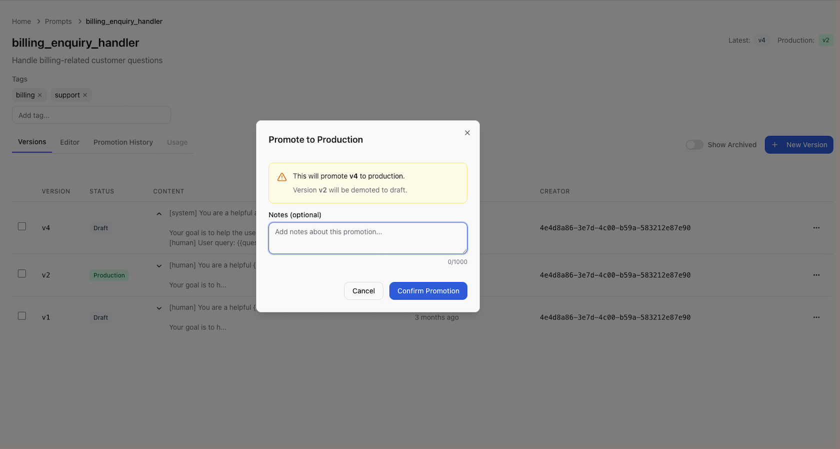 Base14 Scope promote to production dialog with promotion notes for deploying prompt version