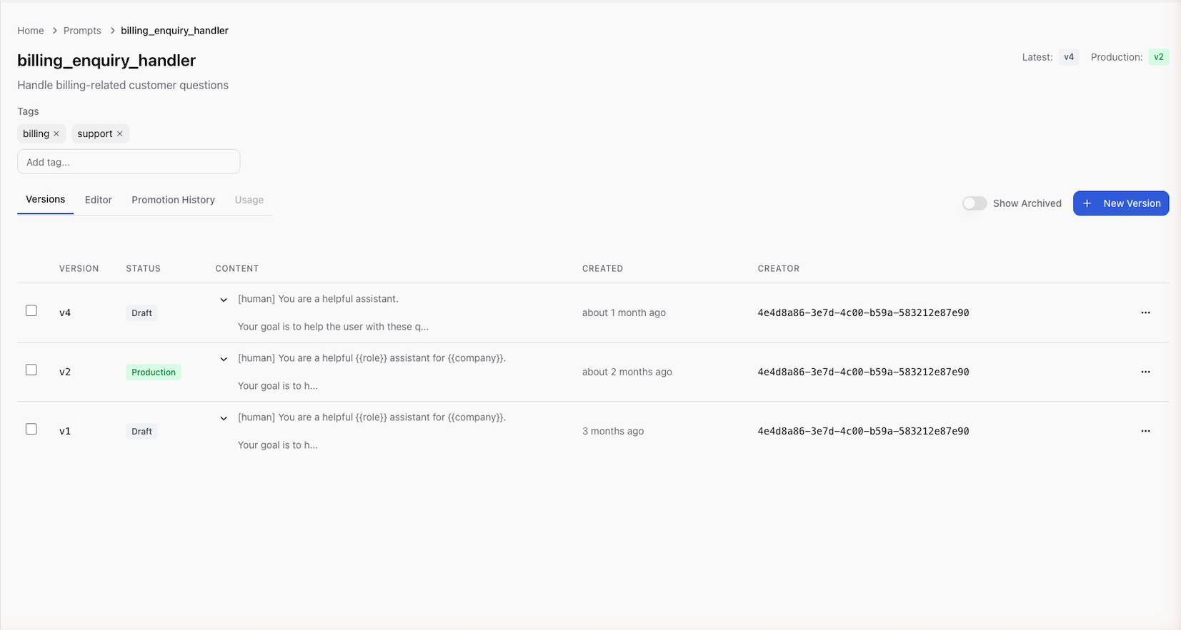 Base14 Scope prompt detail view showing version list with draft, published, and archived status badges