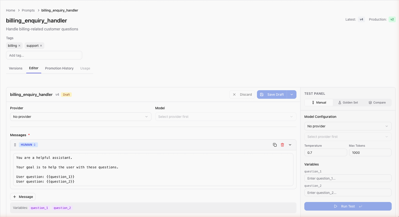 Base14 Scope test panel with auto-detected prompt variable input fields for dynamic values