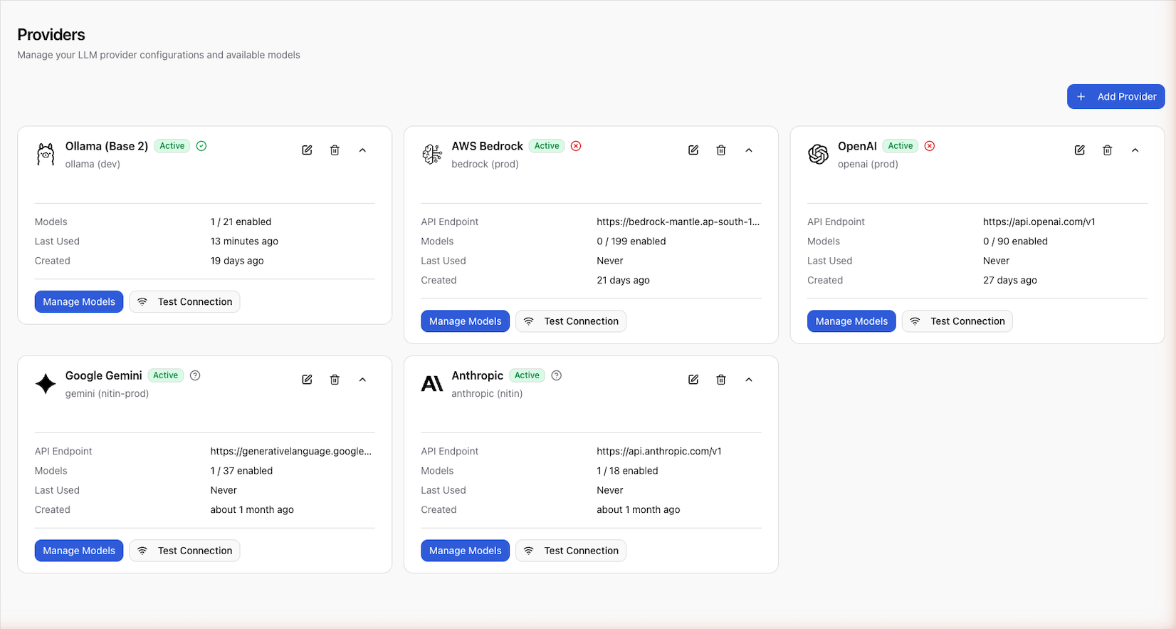 Base14 Scope provider configuration page showing connected LLM providers like OpenAI and Anthropic