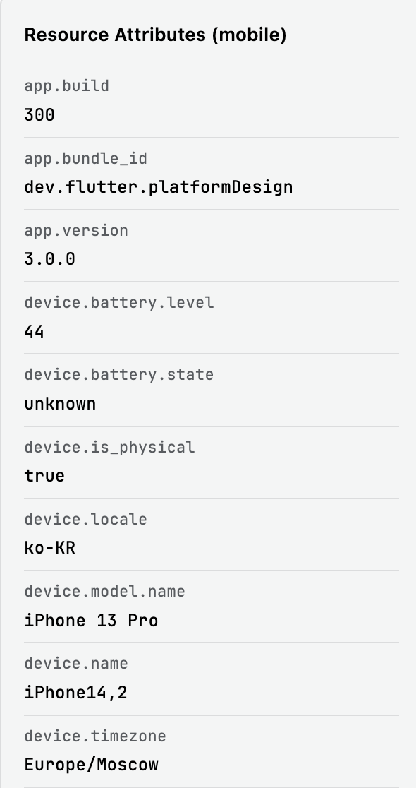 Resource Attributes (mobile) panel with app., device., os., and telemetry.sdk. attributes