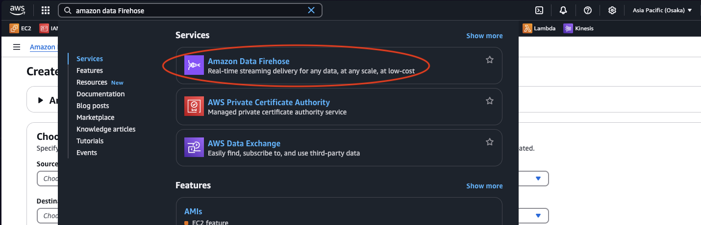 Amazon Kinesis Firehose Search in Console