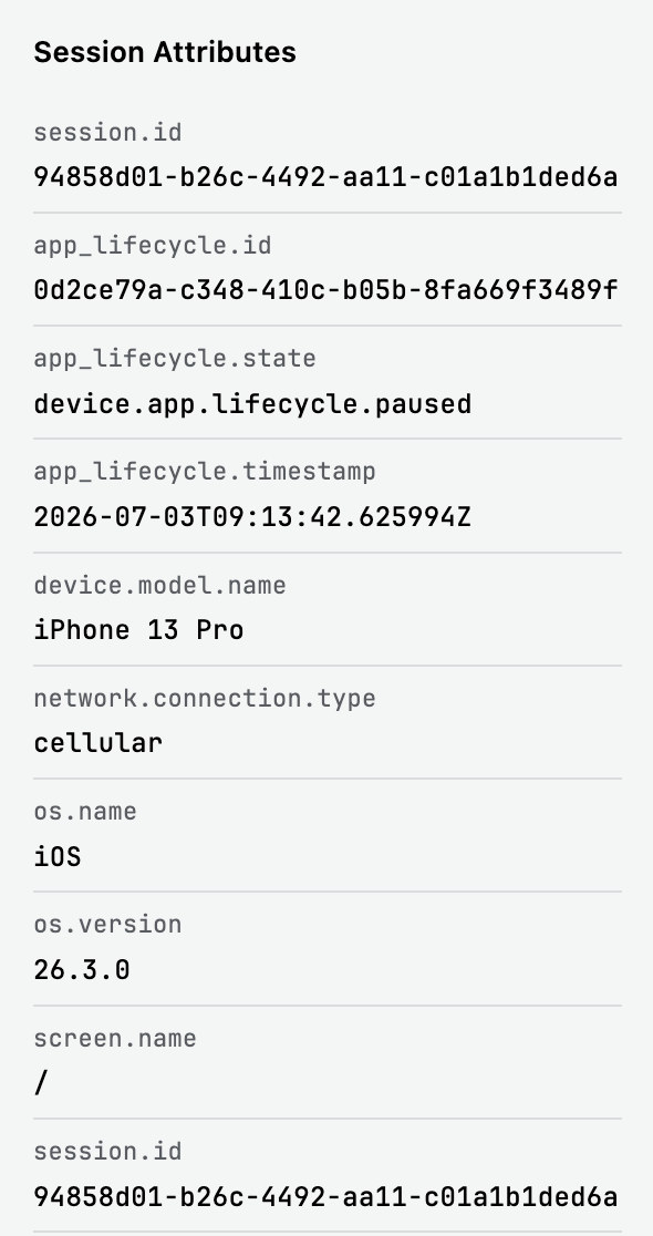 Session Attributes panel with session.id, app_lifecycle.*, device, and user identifiers