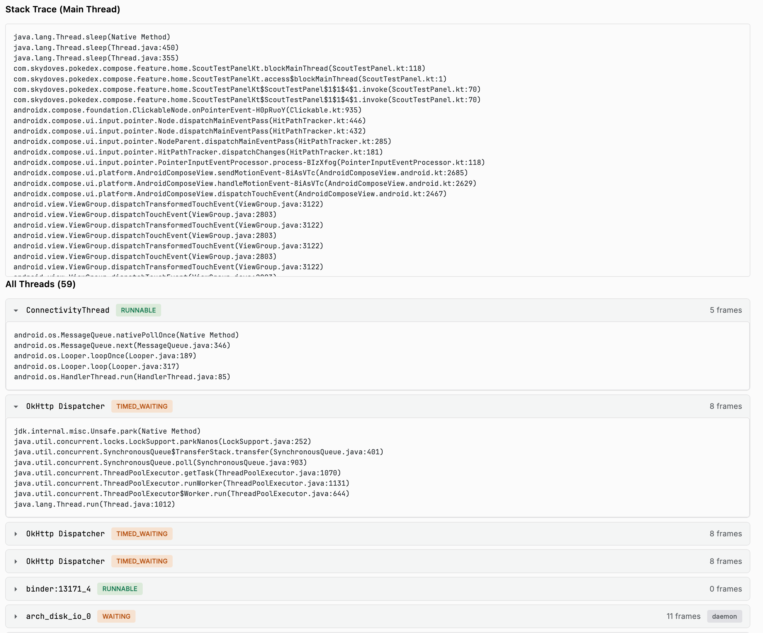 Stack Trace (Main Thread) frames and All Threads list with state badges and frame counts