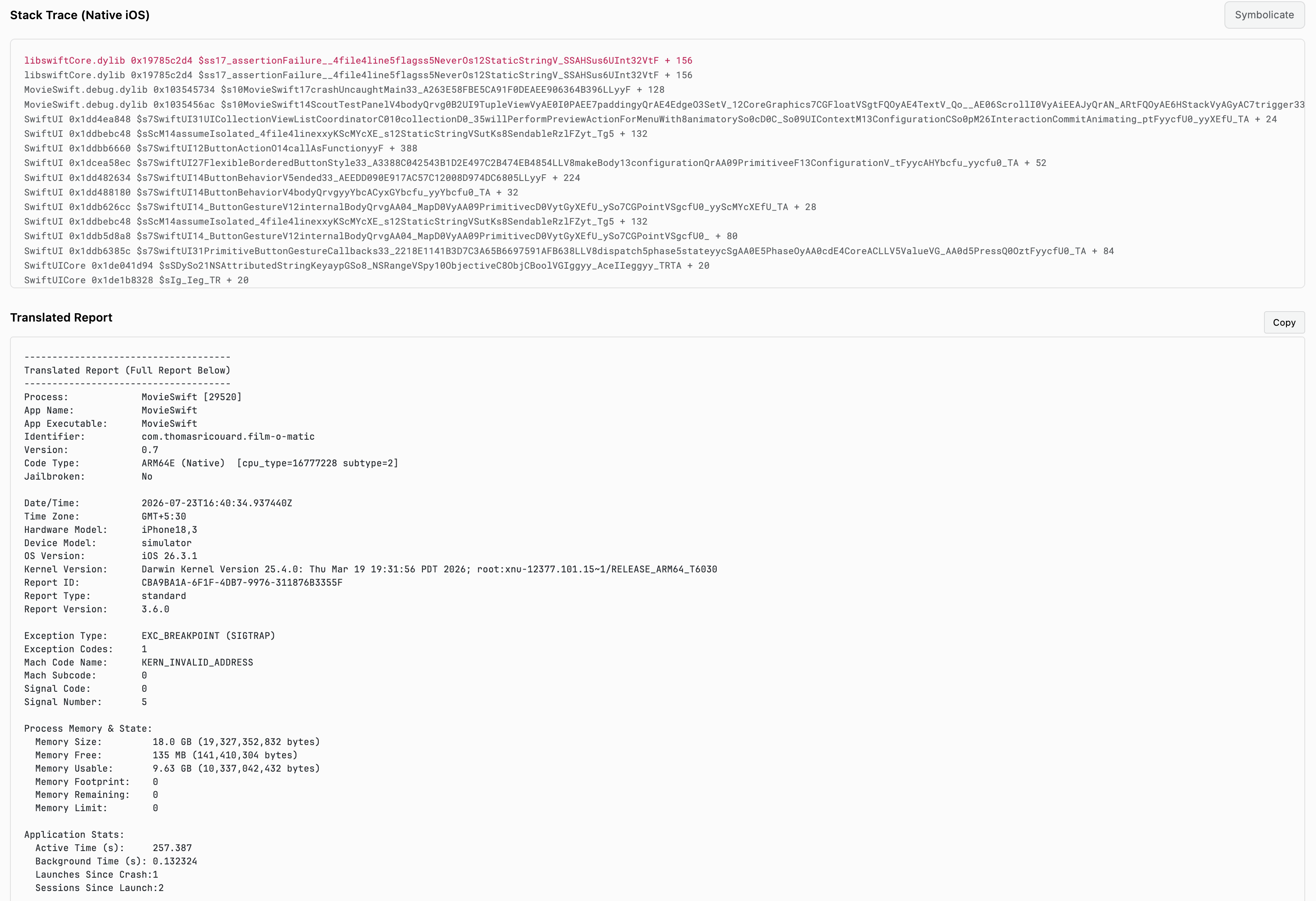 Stack Trace (Native) frames and Translated Report text block