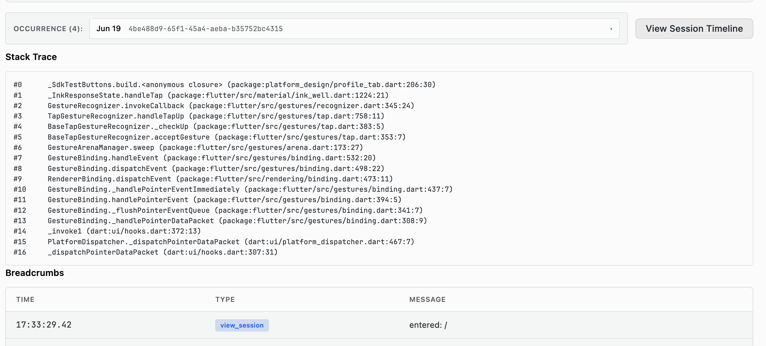 Numbered stack trace frames with package paths