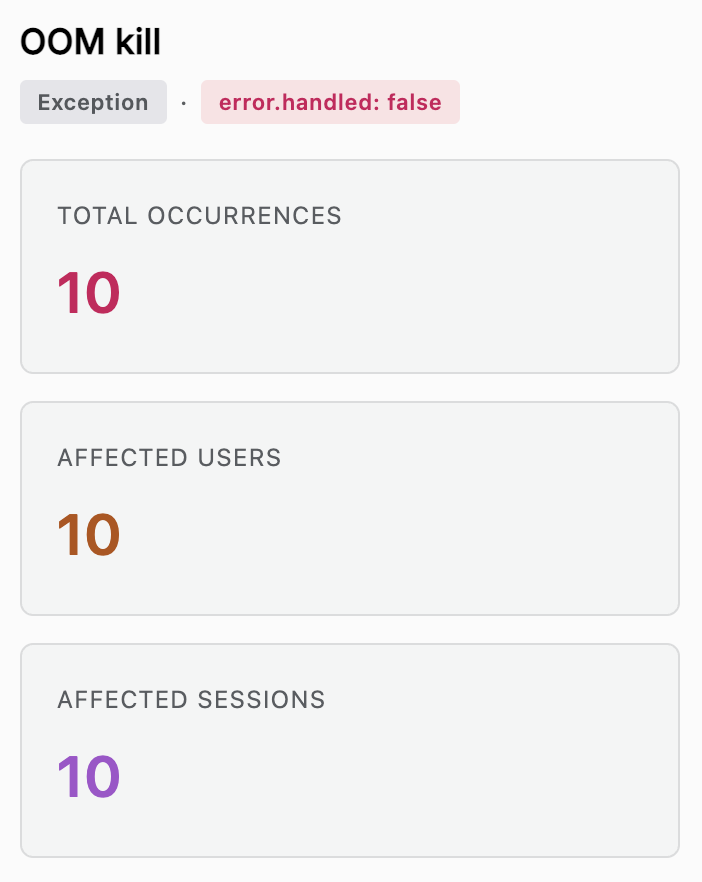 Crash title, Kind/Type badges, and Total Occurrences/Affected Users/Affected Sessions stat cards