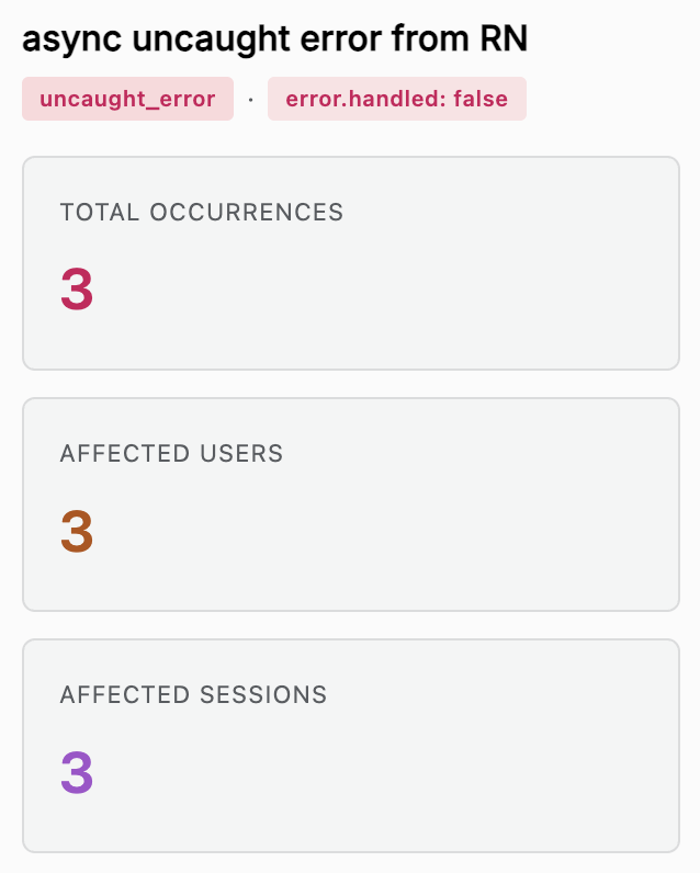 Error title, Type/handled badges, and Total Occurrences/Affected Users/Affected Sessions stat cards