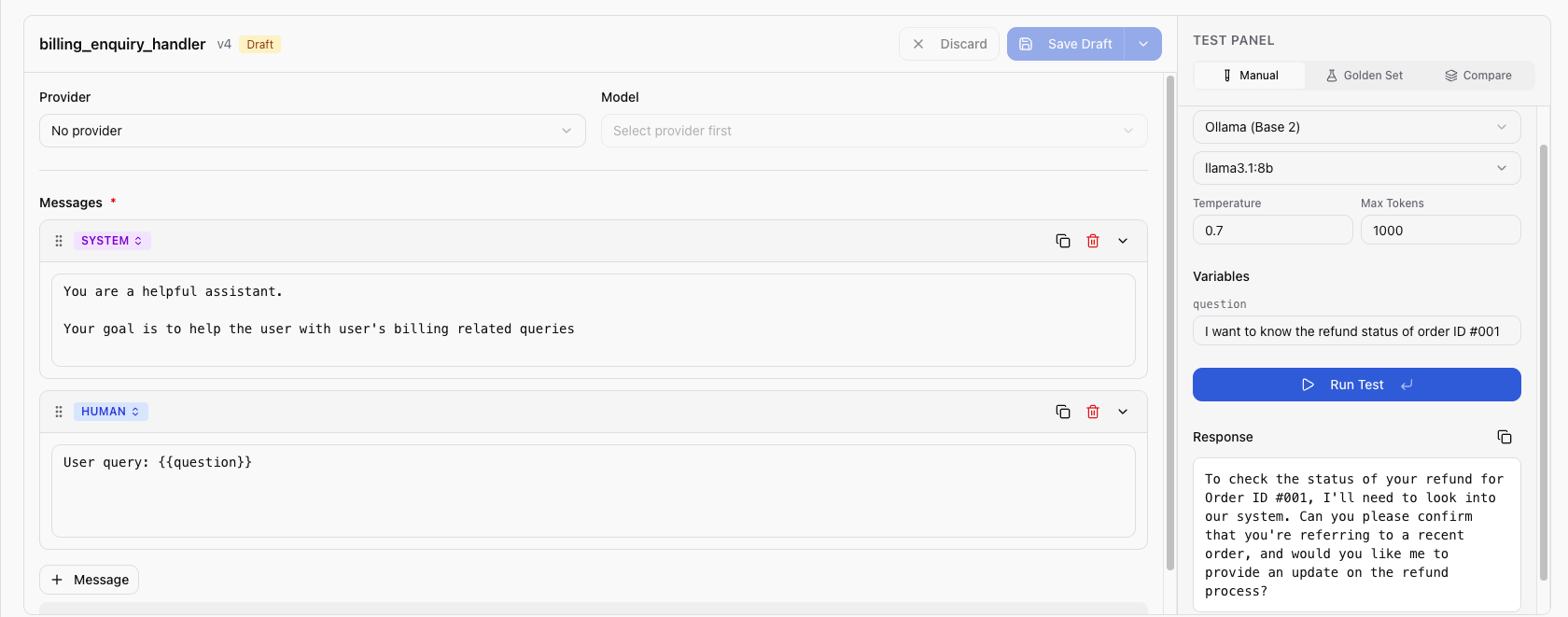 Base14 Scope test panel showing LLM response with token usage, latency, and cost metrics