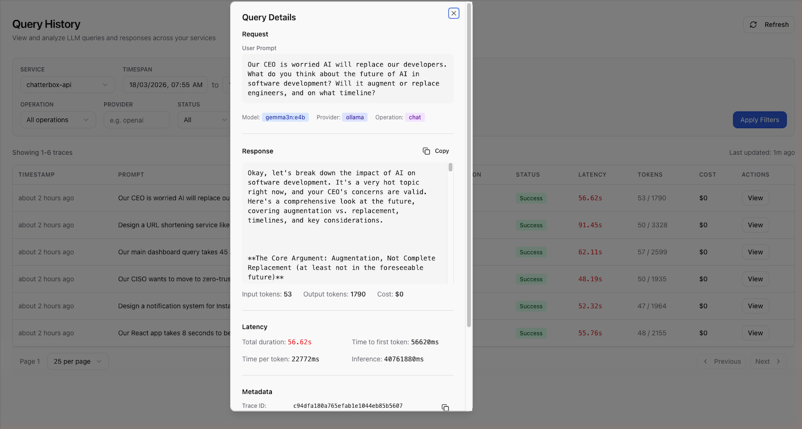Base14 Scope trace detail view showing request, response, token breakdown, and OpenTelemetry metadata
