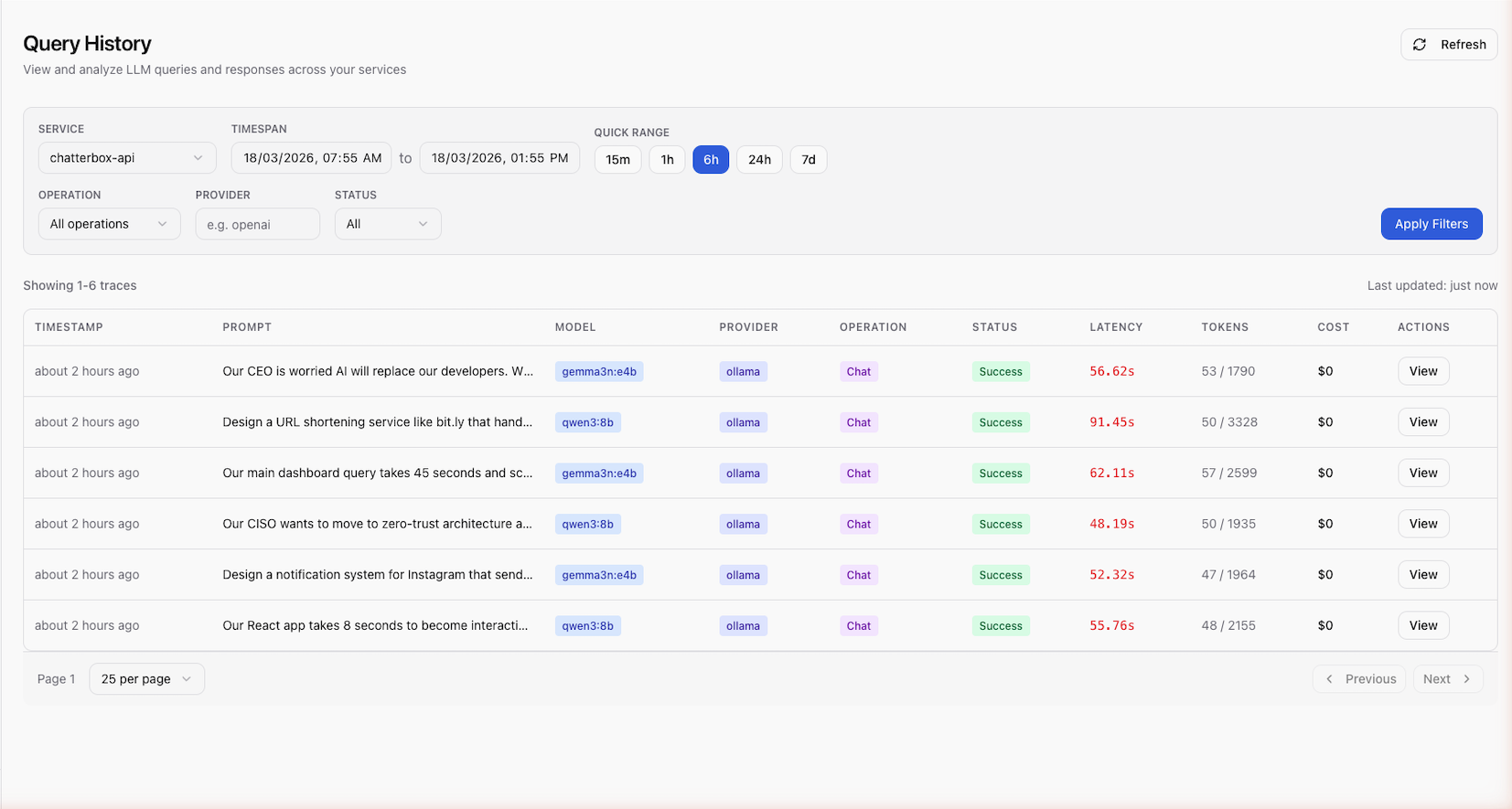 Base14 Scope traces view showing LLM execution history with prompt, model, tokens, latency, and cost columns