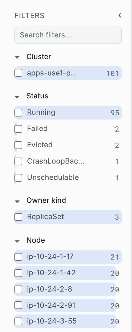 Filters sidebar with facet sections, per-value counts, and a Clear all link