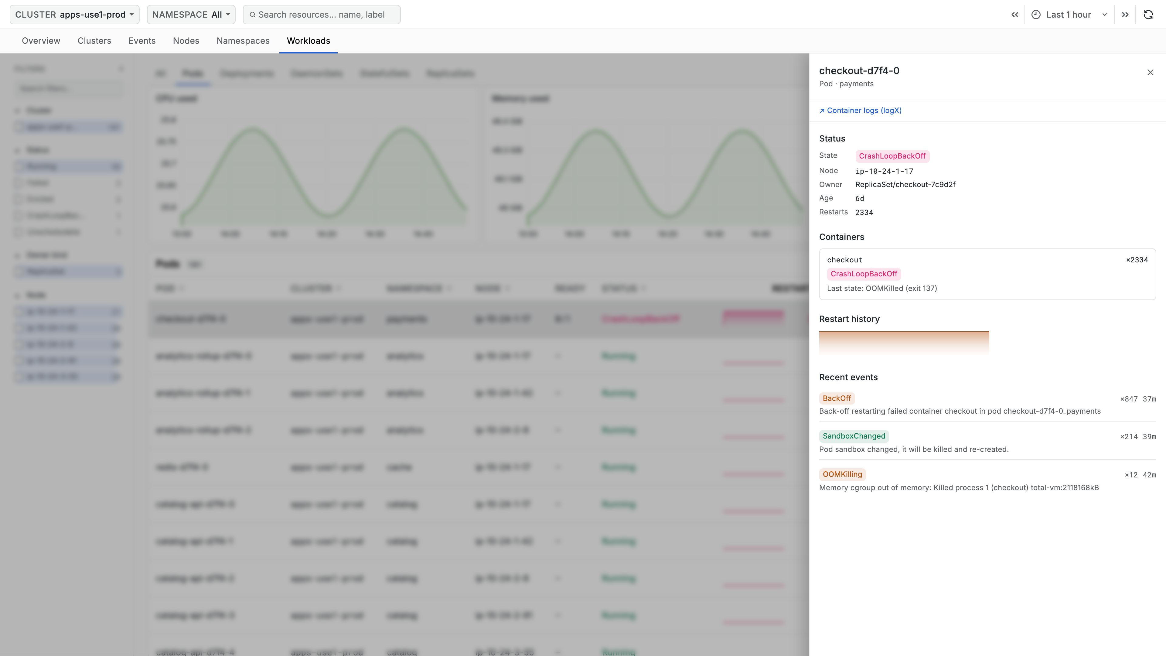 Pod detail panel showing Status, Containers, Restart History, and Recent Events sections